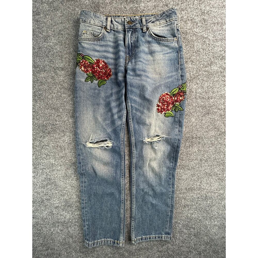 Zara Basic Z1975 Floral Sequin Distressed Boyfriend Jeans Women's US 2 - Picture 4 of 12